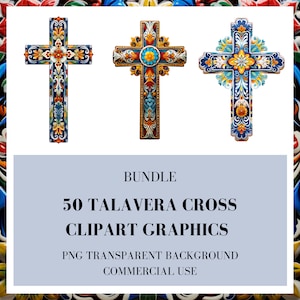 May include: A set of three colorful Talavera cross clipart graphics. The crosses are decorated with intricate floral patterns in shades of blue, yellow, red, and green. The background is transparent.