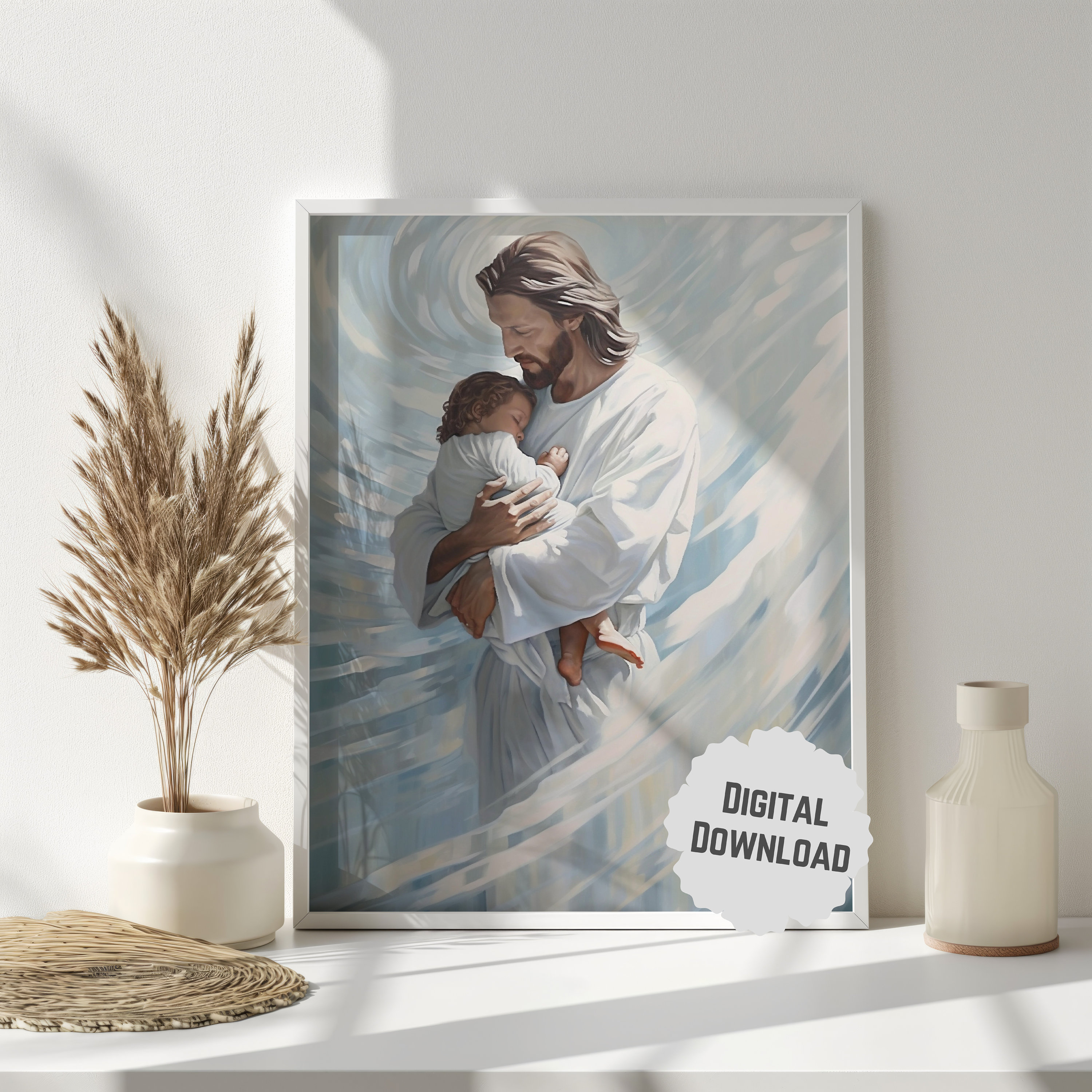 Jesus hält Baby, Christus Kunst , Bild, Leinwand Kunst, Herr, Fokus, modern, Download, Wohnkultur, druckbares Geschenk, Fehlgeburtserinnerung, Himmel