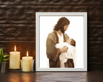 Jesus holding baby, Christ art, canvas art modern printable gift, miscarriage memorial, Jesus holding baby miscarry, divina infantita