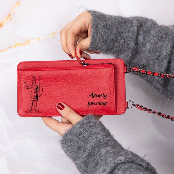 Bolso bandolera de cuero personalizado, bolso rojo personalizado, bolso de hombro pequeño, bolso para teléfono, correa ajustable, ranura para tarjeta con cremallera, billetera para teléfono.