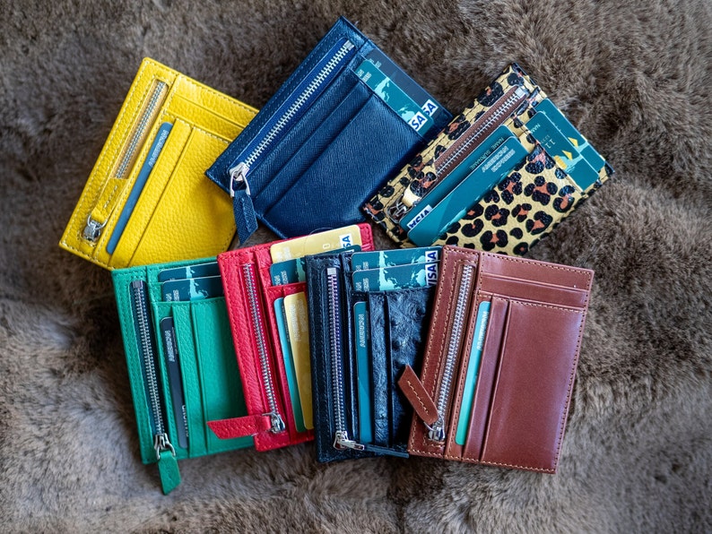 Genuine Leather Slim Card Holder, Unisex Mini Wallet, Zip Pocket With