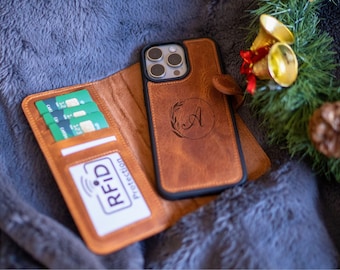 Personalized Leather iPhone Case for iPhone 15, Detachable Magnetic Case, iPhone Card Holder, Brown Leather iphone 14, Mothers Day Gift