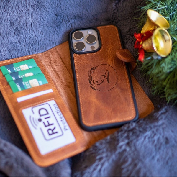 Personalized Leather iPhone Case for iPhone 15, Detachable Magnetic Case, iPhone Card Holder, Brown Leather iphone 14, Mothers Day Gift