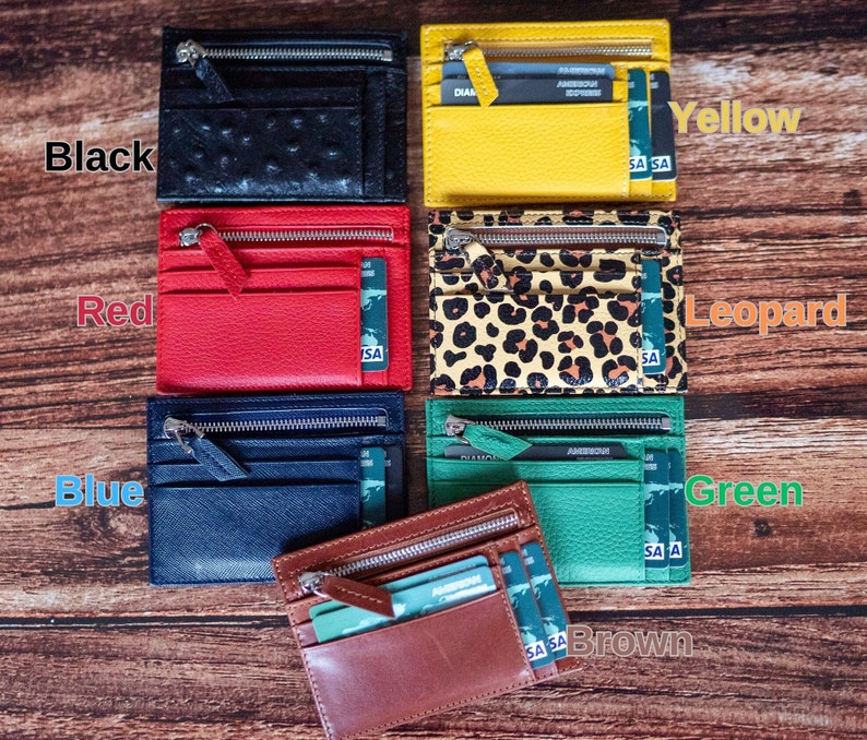 Genuine Leather Slim Card Holder, Unisex Mini Wallet, Zip Pocket With