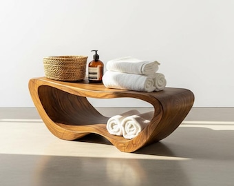Organic Wood Bath Bench | Minimalist Spa Seating, Hand-Carved Furniture