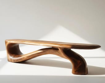 Banco de madera maciza de forma orgánica / Mueble de entrada moderno y escultural