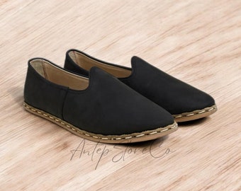Mens Black Leather Yemeni Shoes: Handmade Turkish Loafer Slip-On