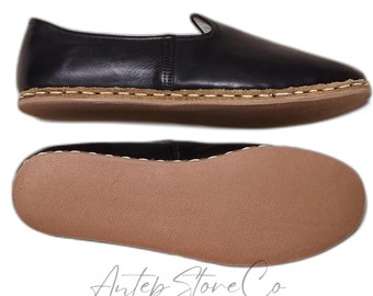 Mens Black Leather Yemeni Shoe: Handmade Turkish Barefoot Slip-On