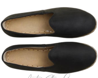 Mens Black Leather Yemeni Shoe: Handmade Turkish Barefoot Slip-On