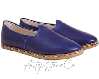 Blaue Jemenitische Lederschuhe: Handgefertigte Türkische Slip-Ons