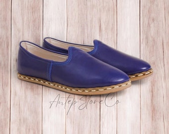 Mens Blue Leather Yemeni Shoes: Handmade Turkish Loafers