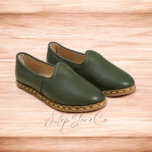 Women Green Barefoot Grounding Shoes, Authentic Turkish Yemeni, Handmade Leather Loafers, Personalized Anatolian Slip Ons, Genuide Jutti