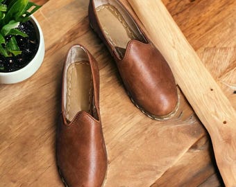Mens Brown Leather Yemeni Shoes: Handmade Turkish Loafers