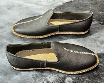 Black Leather Yemeni Shoes: Mens Handmade Turkish Loafers