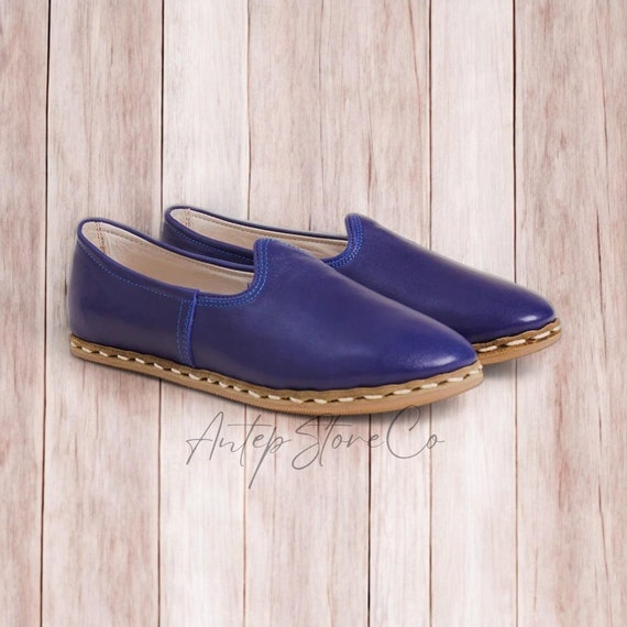 Women Blue Barefoot Grounding Shoes, Authentic Turkish Yemeni, Handmade  Leather Loafers, Genuide Anatolian Slip Ons, Personalized Jutti