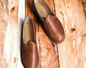 Women's Brown Leather Yemeni Shoes: Handmade Turkish Loafers