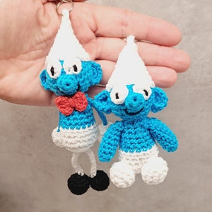 Smurf keychain crocheted, blue amigurumi pendant smurf doll, personalized
