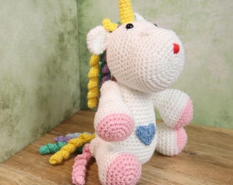Crocheted unicorn doll, 21cm amigurumi doll, with rainbow hair, handmade baby gift