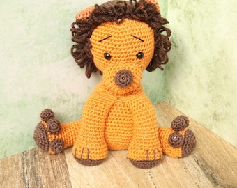 Muñeco de león de ganchillo, animal amigurumi de 17 cm marrón, regalo para bebé o niño pequeño, regalo de nacimiento hecho a mano