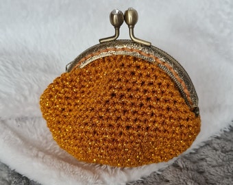 Wallet crocheted with luxury glitter, or make up bag, 10cm amigurumi plush with bracket kiss lock closure and stones