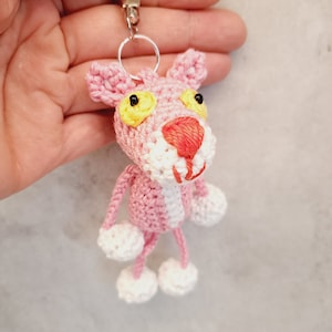 Crochet Pink Panther Keychain, amigurumi cute animal 13cm, handmade