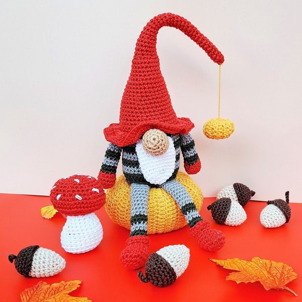 Gnome automne ensemble crocheté, gland peluche amigurumi peluche cadeau Noël ou automne, décoration noël gnome, produit fini nain fait main