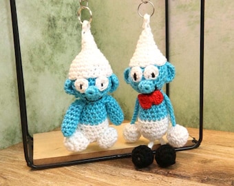 Llavero de Pitufo tejido a crochet, colgante de muñeco de Pitufo amigurumi azul, personalizable opcionalmente.