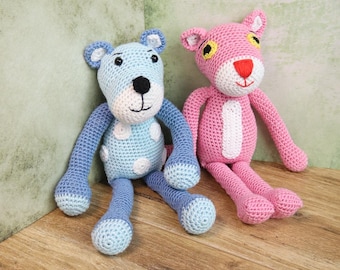 Panther amigurumi, in pink and blue character panther animal, handmade final product