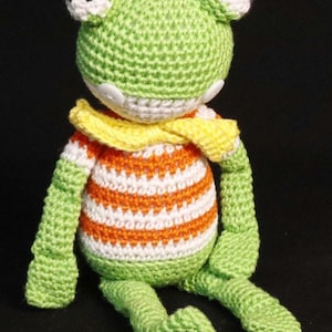 Crocheted frog amigurumi, 22cm green striped body and bow, handmade