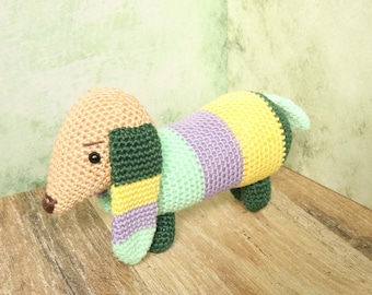 Perro salchicha amigurumi, animal de peluche de 19 cm, lindo cachorro de peluche de juguete con orejas largas, regalo de juguete hecho a mano, producto terminado