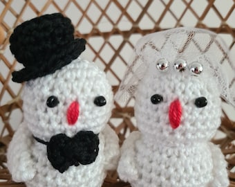 Bridal couple birds amigurumi, white 9cm crocheted plush, bride groom, wedding gift wedding cake, decoration doll, handmade product
