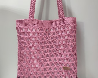 Handmade Pink Crochet Tote Bag with Inner Pockets – Stylish and Spacious Summer Purse