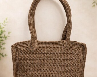 Handmade Crochet Shoulder Bag: Brown Knitted Macrame Yarn Bag