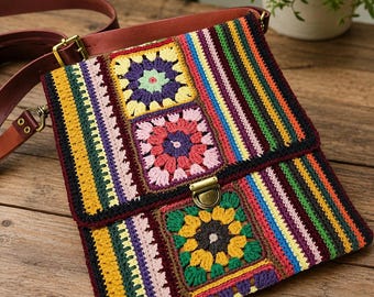 Boho Granny Square Crochet Crossbody Bag, Colorful Leather Strap Shoulder Purse