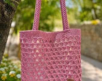 Borsa tote rosa all'uncinetto fatta a mano con tasche interne – Elegante e spaziosa borsa estiva