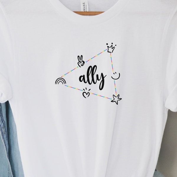 Ally Shirt with Crown, Star, Peace Sign, Happy Face, Rainbow & Heart, Pride Month Tshirt, Gift for LGBTQ Ally Parent, Mom, Dad, Teacher.