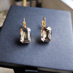 Puede incluir: Un par de pendientes dorados con cristales rectangulares de color marrón ahumado. Los pendientes se exhiben en una caja negra, resaltando su elegante diseño. Los cristales están facetados, reflejando la luz. Una joya clásica.