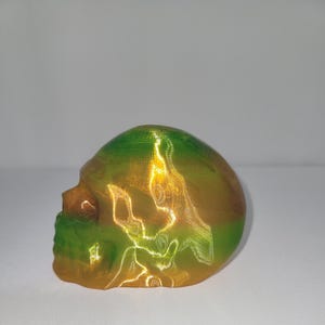 May include: A small, 3D printed skull figurine with a green and gold iridescent finish.