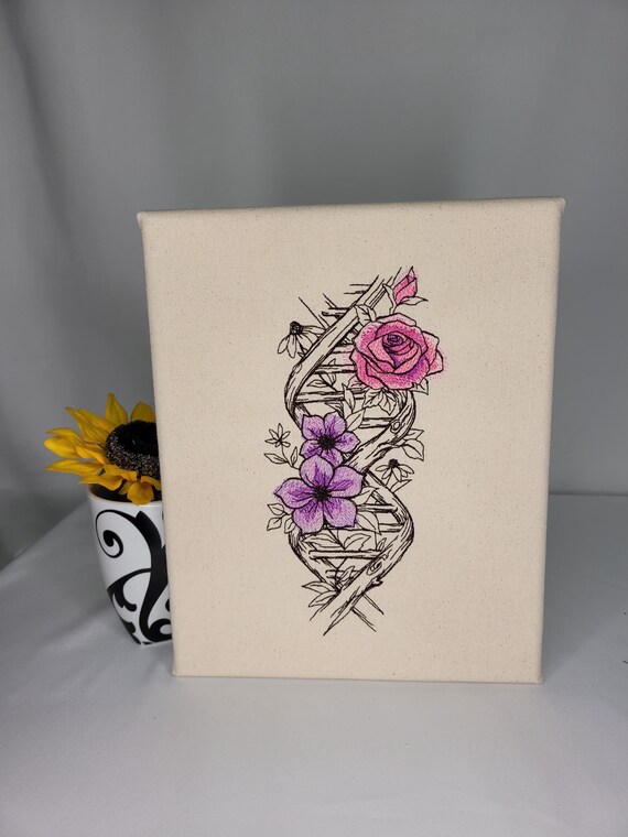 Floral DNA Embroidery | Machine Embroidered Canvas Wall Art | Botanical Science Decor | Genetic Nature Art | Rose & Violet Flower Design