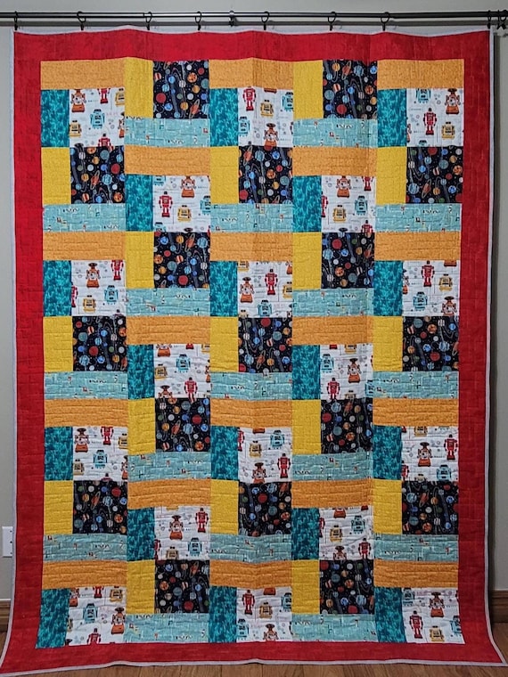 Robot & Space Adventure Quilt | 90” x 68” | Handmade by Blooming Comet