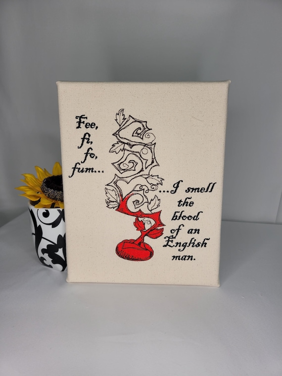 Jack and the Beanstalk Embroidered Canvas | “Fee Fi Fo Fum” Wall Art | Fairytale Quote | Textile Storybook Decor