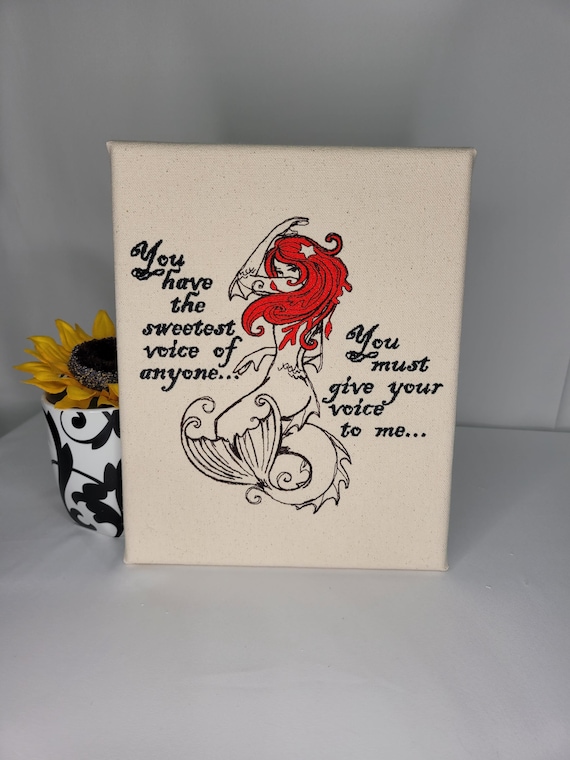 The Little Mermaid Embroidered Canvas | “You Must Give Your Voice to Me” Quote | Fairytale Textile Wall Art | Red Hair Ocean Decor