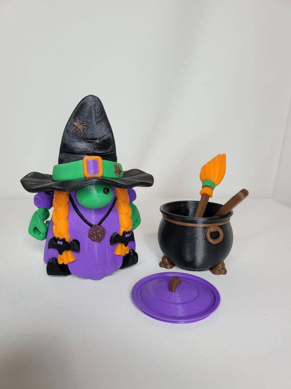 Flexi Factory Gnome Witch Figurine – Articulated Halloween Decor with Cauldron, Broom & Spoon