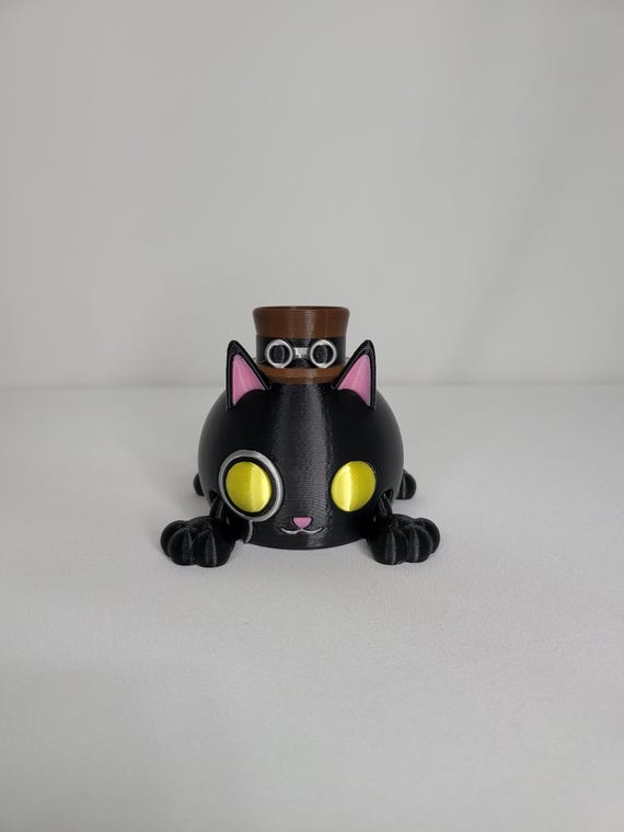 Steampunk Cat Ball – Articulated Black Cat Figurine with Top Hat & Monocle | Handmade by Blooming Comet