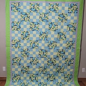 Handmade Floral Patchwork Quilt | Blue & Green Garden-Inspired | 100” x 74” | Made by Blooming Comet