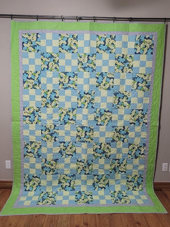 Handmade Floral Patchwork Quilt | Blue & Green Garden-Inspired | 100” x 74” | Made by Blooming Comet