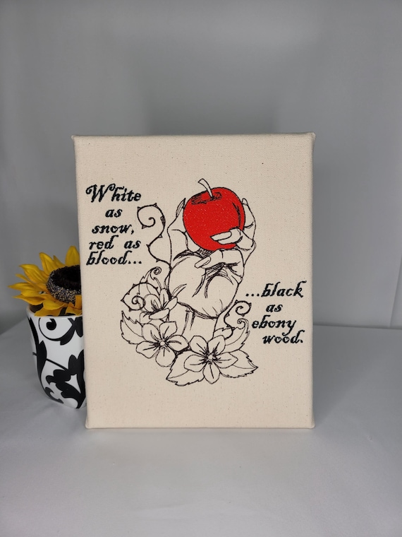 Snow White Embroidered Canvas | Fairytale Textile Wall Art | “White as Snow, Red as Blood...” Quote | Dark Cottagecore Decor