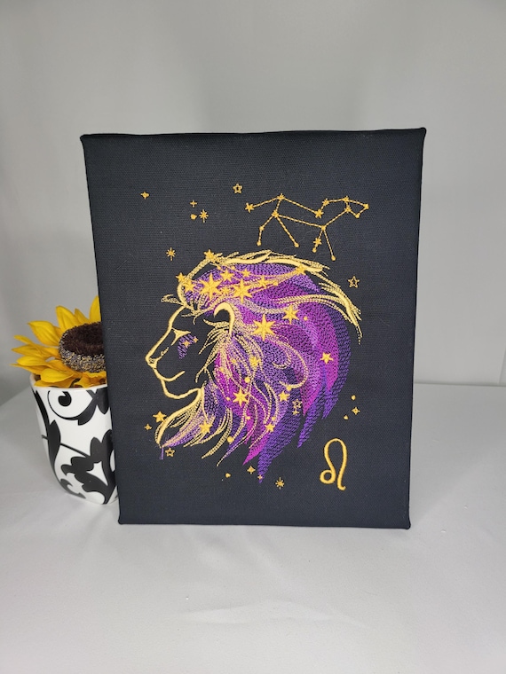 Leo Zodiac Embroidery | Machine Embroidered Lion Canvas | Astrology Wall Art | Constellation & Star Sign Decor | Handmade Leo Gift