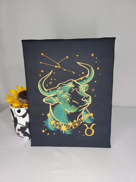 Taurus Zodiac Embroidery | Machine Embroidered Canvas Wall Art | Earth Sign Bull Astrology Decor | Constellation Canvas