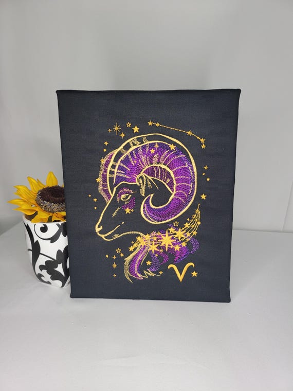 Aries Zodiac Embroidered Canvas | Astrology Ram Wall Art | Machine Embroidered Constellation Decor | Fire Sign Gift